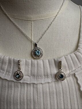 Silver-Tone Necklace and Earring Set with Teal Blue Crystals